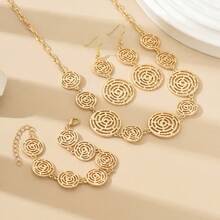 4 peças/Conjunto Conjunto de Joias Pulseira, Colar e Brincos com Elos Circulares Ocos em Estilo de Teia de Aranha Elegante e da Moda, Adequado para Mulheres como Presente, Férias e Uso Diário
