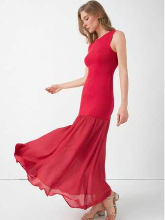 Abito lungo estivo da donna con scollo rotondo senza maniche, stile elegante, in maglia con effetto patchwork