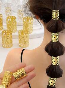 8pcs Bohemian Style Golden Metal Hair Ties, Geometric Hollow Mesh Hair Clips, Elastic Hair Accessories For Girl, Non-Textile Braided Design, Suitable For Daily And Casual Wear