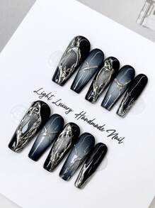 10 Pieces Of Long Nails, Diablo Mergerian Nail Art New Style DIY Heavy Workers, Heavy Workers, Punk Style Mechanical Warfare Patterns Design Black Nails, Removable Reused Nail Supplies, Nail Powder, Nails Scattered Suitable For Men, Ladies On The Stage, Dance Party , Dacking Scenes Use 1 Piece Of Fructic Jelly Glue And 1 Rubbing Strip