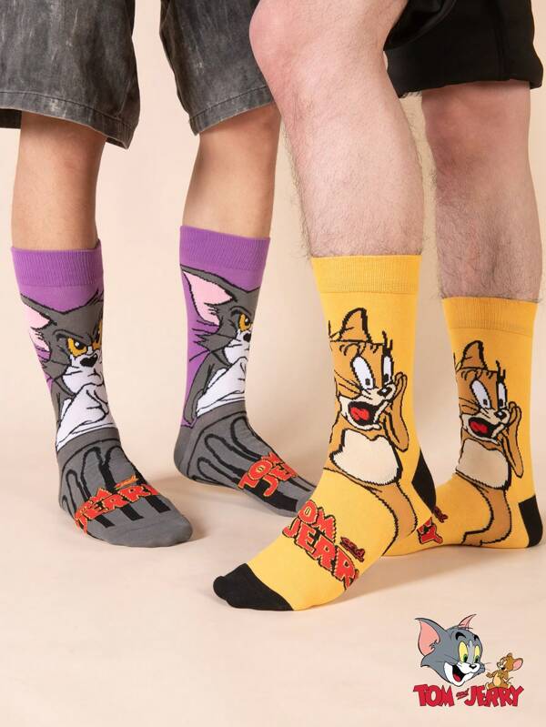 Warner Bros TOM & JERRY 2 Pairs Cute Cartoon Print Breathable Soft Mid-Calf Socks, Reinforced Heel And Toe For Durability, Unisex For All Seasons