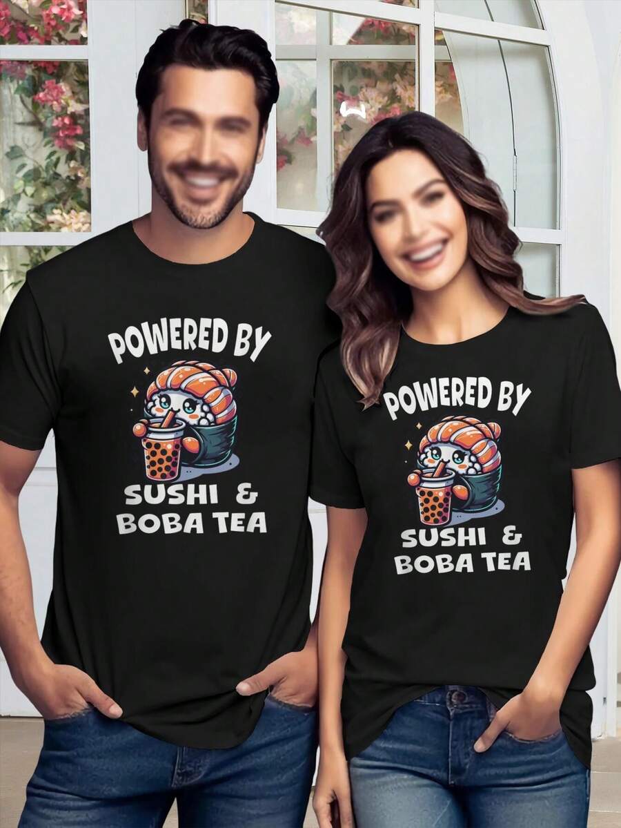 Camiseta gráfica de sushi kawaii, boba y té para hombre - Colores negros - Regalo para fans del anime - Negro - Ver 1