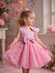 Baby Girl Lavender Sleeveless 3D Butterfly Decor Tulle Puff Dress, Flower Girl Dress Fits For Wedding, Excluding Headpiece