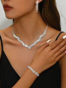 Conjunto elegante de joyería nupcial para boda y fiesta de 3 piezas, incluyendo collar ondulado brillante, aretes y pulsera