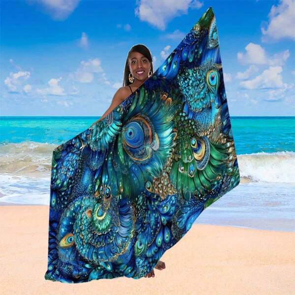 1pc Vibrant Peacock Feather Pattern Beach Sarong Smock - Semi-Transparent, Multi-Wear Bohemian Style Chiffon Beach Towel Skirt For Women, Ideal For Swimwear Cover-Up Beach Essentials