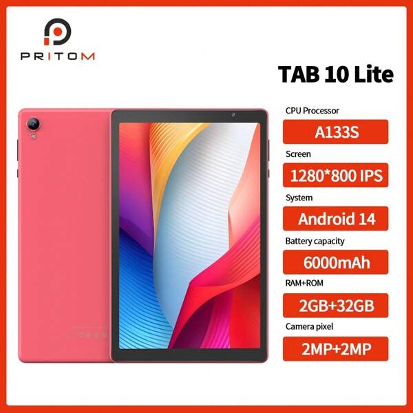 PRITOM Android 14 Tablet PC 2GB RAM/32GB Rom ,Supports 512GB Expand/10.1 Inch 1280*800 Ips Screen/Quad-Core, A133 /802.11b WiFi/WIFI 6 802.11ax/BT 5.0/6000mah/Type-C/2mp+2mp Camera(No Adapter)