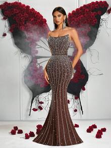 Elisanya Women Beaded Rhinestone Embellished Backless Spaghetti Strap High Waist Cocktail Party Dress - Brown - View 3