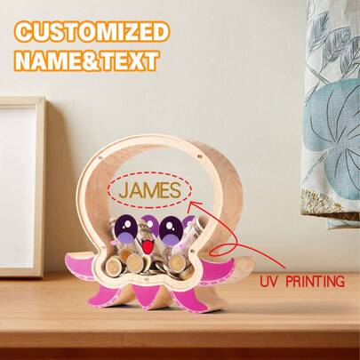 Wooden Octopus Piggy Bank, Customizable With Name And Text, Thick Acrylic Window Transparent Solid Wood Coin Bank, Durable Creative Money Box, Suitable For Home Decor, Birthday And Christmas Gifts