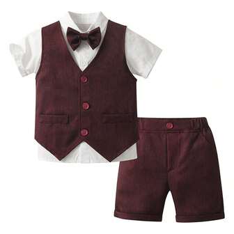 男童三件套服装，包括领结衬衫、背心和可调节背带短裤，适合各种场合，如派对、正式活动、婚礼、洗礼、庆典、返校、生日等，适合1个月至2岁的婴儿和3至7岁的幼儿。