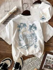 T-shirt décontracté à col rond et manches courtes avec imprimé palmiers, tenue de vacances/resort pour femmes