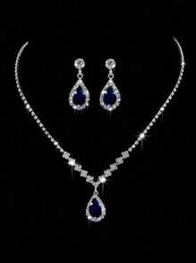 2 Pcs Set Blue Crystal Stone Denpent Necklace Bracelet With Dazzling Cubic Zirconia Romantic Daily Wear Jewelry Girl Gift