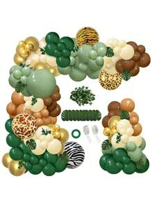 142pcs Jungle Theme Balloon Arch Kit, Green & Brown Balloons With Animal Print, Palm Leaves, For Tropical Birthday Party, Baby Shower Decoration