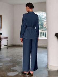 Sollinarry 女士秋季新款拼接口袋装饰长袖上衣和裤子休闲两件套，复古风格，适合教师 - 藏蓝色 - 查看 4