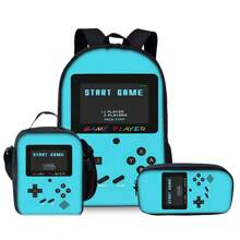 Game Console Pattern Printed Backpack Three Pieces Set (Single-Layer Backpack + Shoulder Strap Lunch Bag + Single-Layer Pencil Bag) School Bag