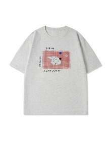 Made In Japan, Spring/Summer Cotton, Round Neck, Loose Fit, Versatile, Simple, English Print Short-Sleeve T-Shirt - 淺灰色 - 查看 3