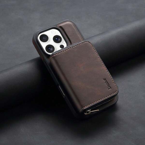Denior Funda con bolsillo magnético desmontable para tarjetas, compatible con iPhone 16/15/14/13/12, antirrobo, con cremallera y soporte para tarjetas de crédito, adecuado para iPhone 16 Pro Max