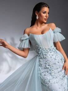 IBTRLY Luxurious Elegant Light Blue Sheer Floral Embroidered Mesh Patchwork Off Shoulder Trailing Formal Dress, Suitable For Formal Banquet, Party, Wedding, Birthday Party (Heavy-Duty Version) (Size Runs Small, Customers Advised To Check Size Chart) - Baby Blue - View 2