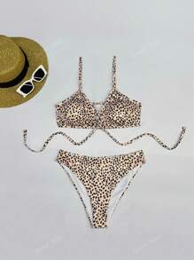 بكيني نسائي ذو طبعة نمر - قطعتين مع سلك V-شكل، قطع عالية مع أشرطة رفيعة وخصر مربوط، مصنوع من خليط مرن من البولي إستر والسبانديكس، قابل للغسل بالغسالة - مثالي للشاطئ والحمام، بكيني عالي الخصر