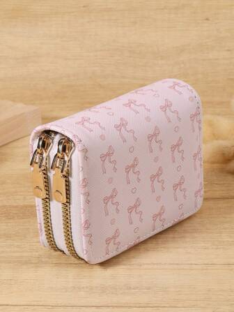 Pink Bow Love Pattern Versatile Coin Wallet,Double Zipper Card Holder Multi-Card Card Organizer For Storage Credit Cards,Lightweight Minimalist,Fashion,Modern,Business,For Anniversary,For Christmas,On Valentine Day,For Birthday Gift,For Gift,For Lover For Women,For Girls,For Lady,For Female,Bag School Supplies For School Dorm Room & Back To School
