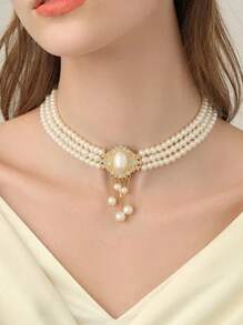 1 Stück elegante französische Hofstil mehrschichtige Halskette mit Kunstperlen für Frauen, modisches Schmuckzubehör geeignet für Party, Hochzeit, Verlobung, Geschenk
