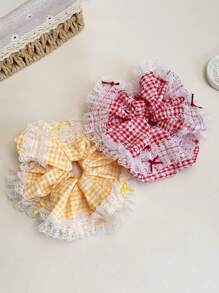 1pc Sweet Plaid Lace Scrunchie, Voluminous Bun Holder Ponytail Tie, Soft & Elegant Hair Accessory