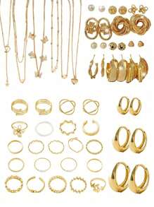 37-92pcs Elegant Vintage Butterfly, Heart, Faux Pearl, Twist Knot, Star, Moon, Rhinestone, Wide Band, Snake Chain, Braided Chain, Geometric C-Shape Earrings, Necklaces, Rings, Bracelets Jewelry Set, Suitable For Holidays, Parties, Daily Wear, Holiday Gifts Valentines,Mom,Mother,Mother's Day,Gift