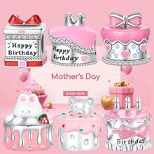 Silver Plated Charm Pink Bow Crown Candle Happy Birthday Cake Series Charm Bead Is Suitable For Diy Female Bracelet Pendants