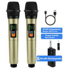 Micrófono inalámbrico recargable y receptor, sistema de micrófonos dinámicos de mano con botón de eco/silencio, para karaoke, reuniones, fiestas