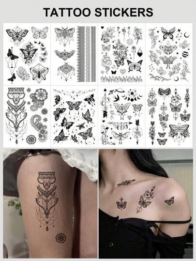 8pcs/Set Temporary Tattoo Stickers, Colorful Fake Tattoos For Fingers, Wrist, Body, Half Permanent Waterproof Sweat-Proof Realistic Line Art Design, Personalized For Party, Women Arm/Chest/Leg