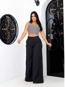 Women's Linen Wide Leg Pants Pocket Zipper Simple Evening Daily Birthday Party High Waist - 黑色 - 查看 3