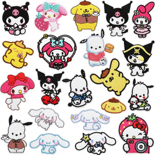 Sanrio 21 peças de patch de tecido bordado de anime, patch de desenho animado, cachorro fofo, etiqueta de bordado para computador, decoração de bolsa