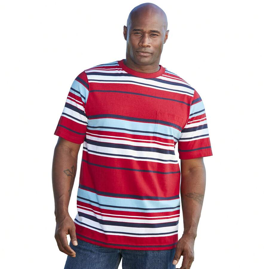 KingSize Men's Big & Tall Shrink-Less Lightweight Pocket Crewneck T-Shirt - 紅條紋 - 查看 1