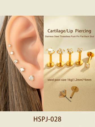 Toppiercing 1對簡單時尚純鋼軟骨刺針圓形鋯石耳釘