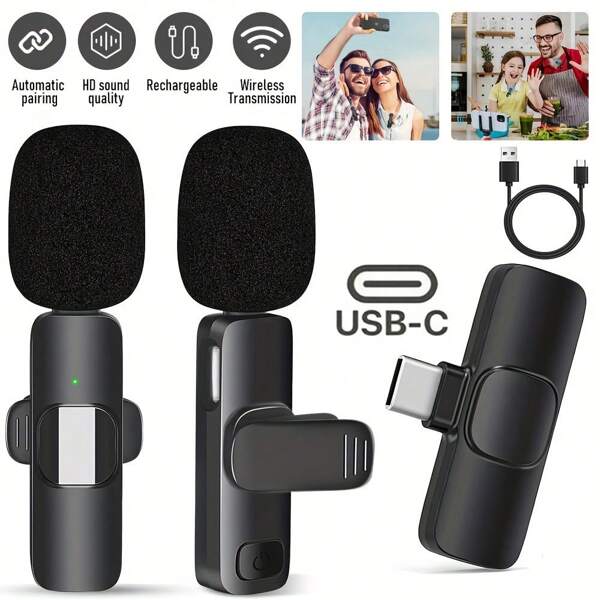 Micrófono lavalier inalámbrico con función de reducción de ruido, adecuado para teléfonos Android con USB C, con estuche de carga de 24 horas, micrófono de solapa con batería de 6 horas, micrófono mini para Android/Vlogs