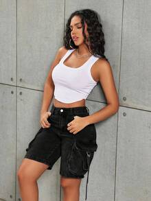 Street Vintage Flap Pocket Tape Detail Work Cargo Denim Bermuda Straight Leg Jeans Denim Shorts Jorts - màu đen - Xem 3