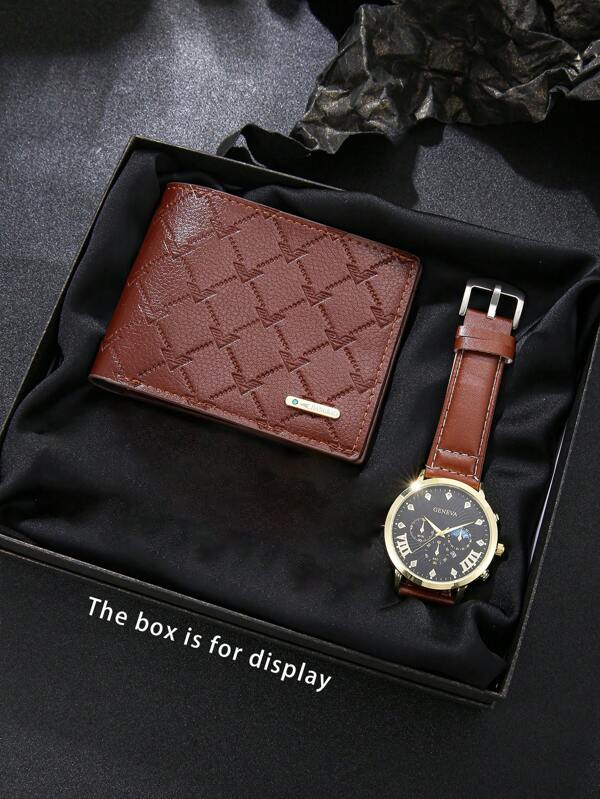 Conjunto de 2 relógios e carteiras masculinos estilosos, presente vintage minimalista, casual, elegante para negócios, dia das mães e dos pais, de cor sólida, para todas as estações