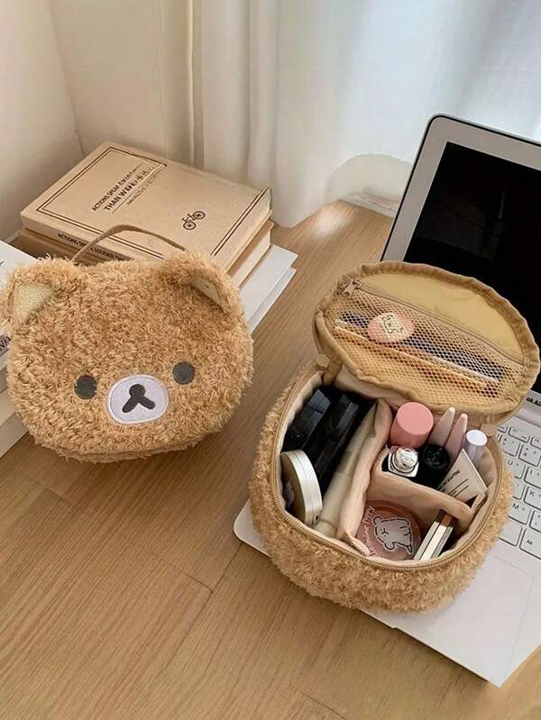 1pc Cute Cartoon Teddy Bear Shaped Oval 3D Cosmetic Bag, Portable Toiletry Organizer