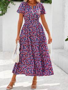 Women Summer Dress Casual Floral Short Sleeve V Neck Elastic High Waist Maxi Dress With Pockets Wedding Guest Boho Beach Holiday Hawaii Valentine Outfits - 紅藍色 - 查看 1