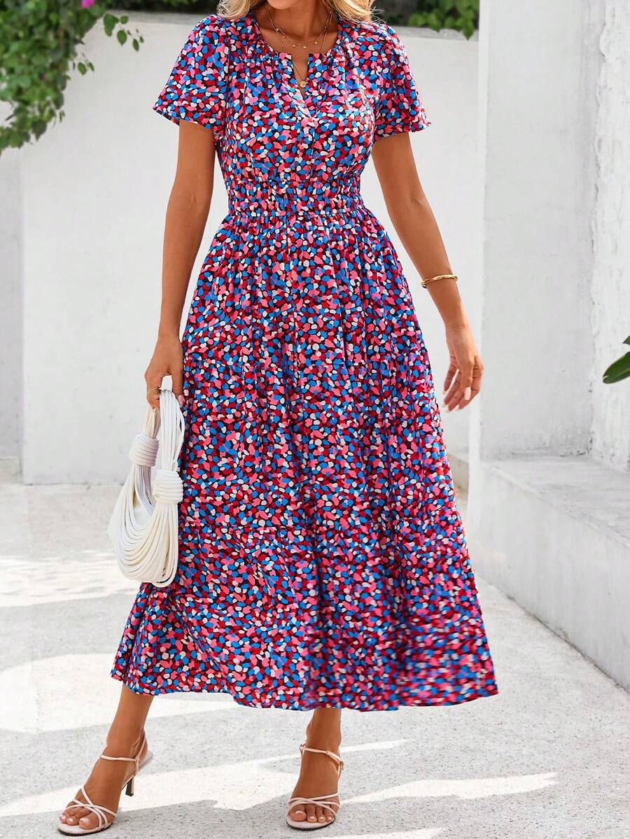 Women Summer Dress Casual Floral Short Sleeve V Neck Elastic High Waist Maxi Dress With Pockets Wedding Guest Boho Beach Holiday Hawaii Valentine Outfits - 紅藍色 - 查看 1