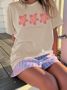 1 Peça Camiseta de Manga Curta com Decote Redondo e Estampa Casual para Meninas e Adolescentes, Gráfico na Moda de Óculos de Sol em Inglês Estilo Legal para Uso de Estudante no Verão - Inspirando Imaginação e Autoexpressão