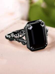 1pc Gothic Black Cubic Zirconia Square Ring, Suitable For Women Everyday Wear
