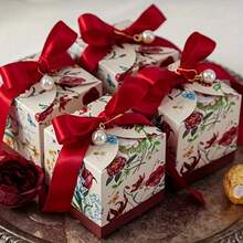[Luxury Wedding Candy Boxes] 4/10pcs Luxury Hand-Painted Flower Theme Wedding Candy Boxes - With Exquisite Pearl Ribbons - Wedding Gifts, Birthday Party Anniversary Gift Boxes, Christmas Chocolate Biscuit Packaging Boxes - Multicolor - View 3