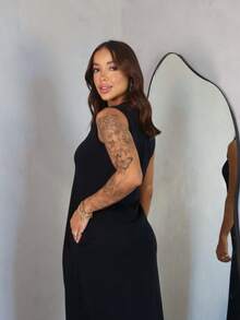 Long Dress With Slit And Pockets 100% Cotton - Negro - Ver 4