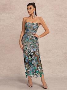 Vestido formal elegante de mujer con doble capa de bustier con cuentas, adecuado para invitados de boda
