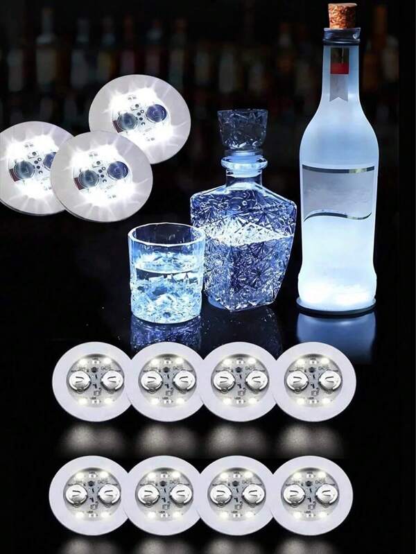4/8/16 piezas Posavasos con pegatinas LED iluminadas, botellas de vino iluminadas con LED, luces decorativas para vasos de cóctel, suministros para fiestas y celebraciones, decoraciones de botellas con pegatinas LED iluminadas, luces decorativas para bares, suministros para fiestas y celebraciones, decoraciones de iluminación para bares y discotecas, decoraciones para eventos y fiestas.
