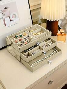 1 pieza, 7 compartimentos, 5 capas, transparente, tela de terciopelo, caja de almacenamiento de joyas de acrílico - gran capacidad para aretes, anillos, collares, uso dual en el hogar y para viajes, diseño de cajón acolchado resistente a la decoloración, regalo para mujeres, caja de joyas de estilo moderno - Acrílico de 5 capas y 7 rejillas - Ver 9