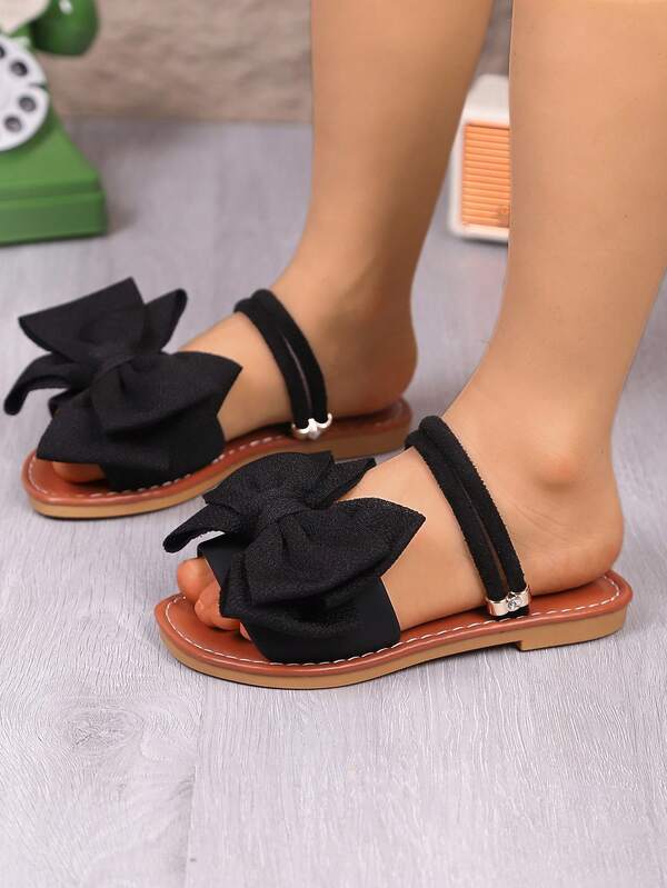1 Pair Girls Bow Decor Flat Sandals, Suitable For Children Ages 3-15 For Outdoor, Vacation, Travel, Beach Wearing