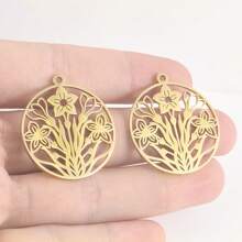 2pcs Fashionable 304 Stainless Steel Gold/Silver Plant & Flower Pattern Pendant, Vacuum Electroplated Durable Craft, Suitable For Necklace, Earrings, DIY Jewelry Making