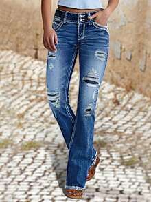 Women's Tight Flared Jeans With Elastic Tear And Tear, Double Button Casual Tight And Sexy Flared Jeans - Rửa tối - Xem 1