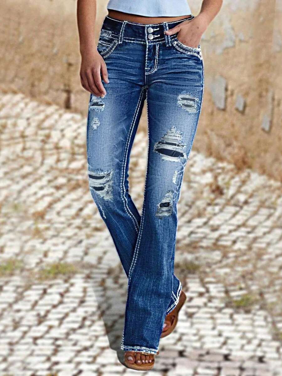 Women's Tight Flared Jeans With Elastic Tear And Tear, Double Button Casual Tight And Sexy Flared Jeans - Rửa tối - Xem 1